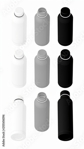 Set of three minimalist reusable bottles in white gray and black built for eco friendly hydration and style with sleek cylindrical shapes and simple caps