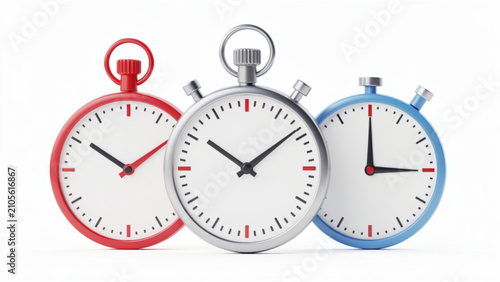 Set of three modern minimalist stopwatches with red silver and blue colors showing different times for timing or sports activities