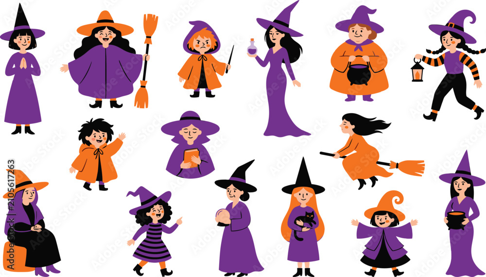 Fototapeta premium Charming halloween witch characters set diverse cartoon witches for seasonal designs and spooky celebrations