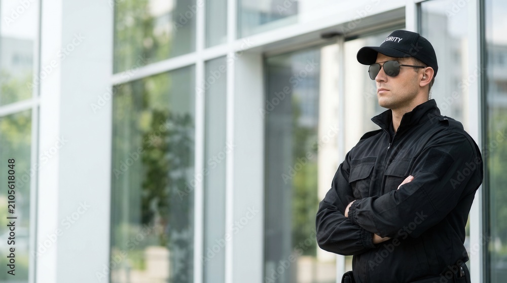 Fototapeta premium A security guard wearing a cap and sunglasses standing by a glass door.