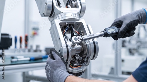 Technician calibrating robotic arm with digital torque wrench in modern industrial facility