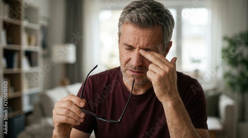 Man holding eyeglasses while suffering from tired eyes or glaucoma issues.