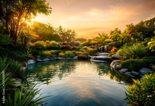 Lush tropical garden with c...