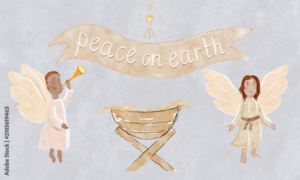 Obraz premium Pair of angels, star, manger, ribbon reading Peace on earth lettering, with warm accents textures. Watercolor on light grey background perfect for Christmas cards, decor, inspirational holiday designs
