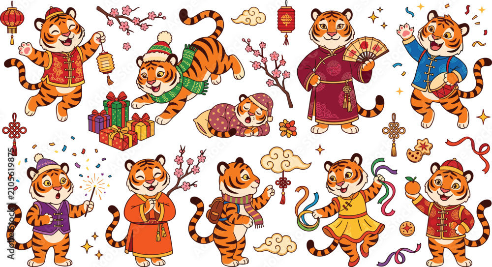 Obraz premium Cute Chinese New Year Tiger Vector Clipart Bundle Featuring Kawaii Zodiac Cubs with Lanterns Ribbon Dance Sparklers and Gift Boxes for Lunar Festival Banner Designs