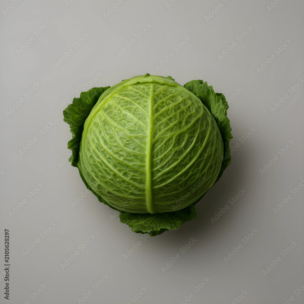 Fototapeta premium Fresh green savoy cabbage head with textured leaves, healthy eating and organic vegetable concept, top view on a gray background