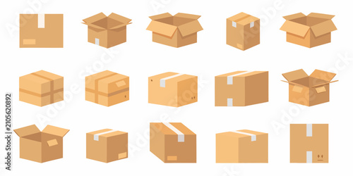 Cardboard Boxes Collection Flat Vector Illustrations On White Background
