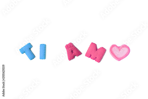 TI AMO, meaning I LOVE YOU in Italian spelled with blue and pink alphabet cookies and marshmallow on transparent background, png file