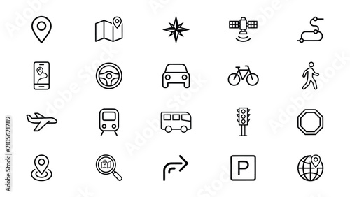 Collection of Minimalist Line Icons Representing Various Transportation and Navigation Methods with Transparent Background