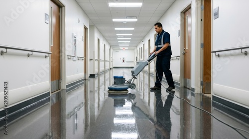 A cleaning staff member operates a floor polishing machine in a hospital hallway.