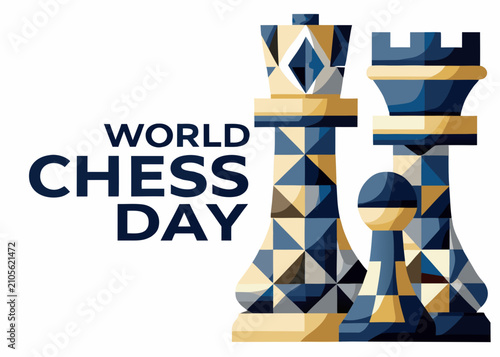 Chess Pieces Illustration With Geometric Shapes And World Chess Day Text