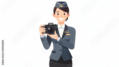 Friendly female flight attendant in uniform holding camera smiling cheerful in bright studio setting