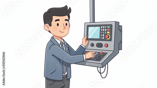businessman operating industrial control panel with digital display in modern office setting