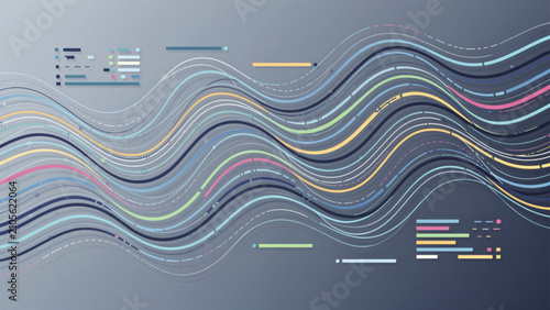 abstract data visualization with colorful flowing lines and digital graph elements on a modern gray background high technology visualization
