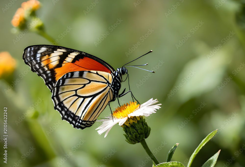 Obraz premium Monarch butterfly with orange and black wings perched on a white flower, Pollination and nature