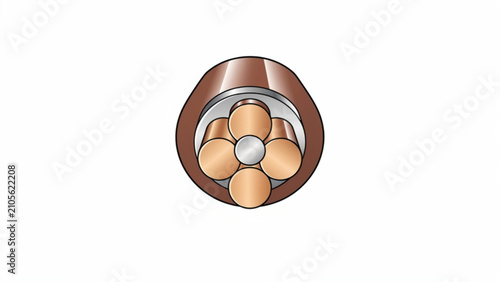 Close-up of copper electrical cable with multiple round conductors inside a plastic insulation for power transmission