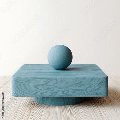 Minimalist blue wooden sphere resting upon square platform against soft neutral studio background