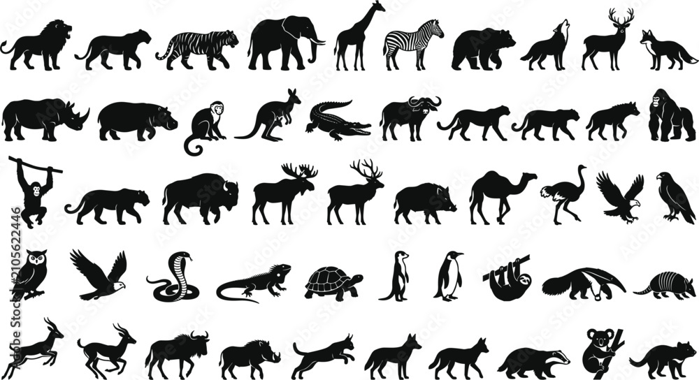 Obraz premium PrintWild Animals Solid Black Silhouette Icon Set featuring Safari Predators Mammals Birds and Reptiles in Distressed Ink Texture for Wildlife Nature Vector Graphic Designs