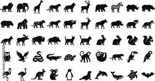 Canvas Print Wild Animals Black Silhouette Glyph Icon Set featuring Safari Mammals Forest Cr