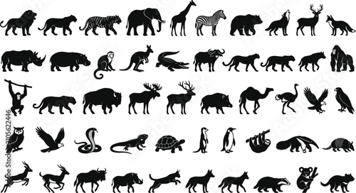 Photography PrintWild Animals Solid Black Silhouette Icon Set featuring Safari Predators Mam