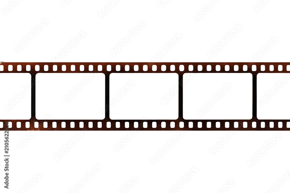 Fototapeta premium Film strip showing empty movie frames, classic cinema reel, and perforated edges. Analog photography concept. Transparent background