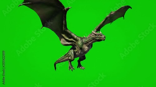 Dark fantasy dragon with intricate scales and detailed wings rendered in 3D against a solid green backdrop for gaming or fantasy media.
