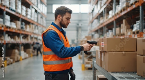 Modern warehouse inventory scanning using technology for efficient logistics and supply chain management.