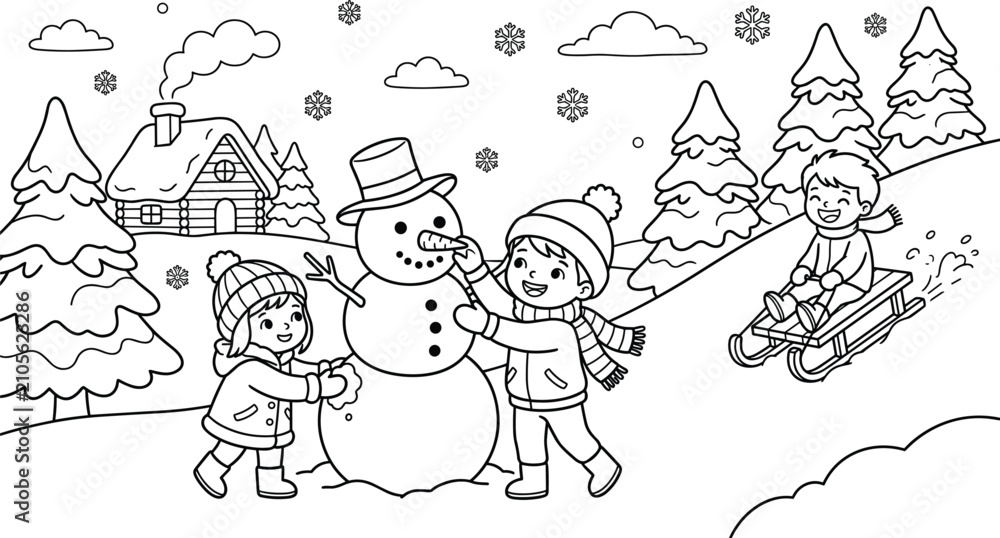 Naklejka premium Happy children building a snowman and sledding down a hill coloring book page vector illustration in winter forest landscape background