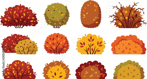 Fotografi Autumn Bush and Shrub Vector Icon Set with Fall Foliage, Red and Orange Thickets
