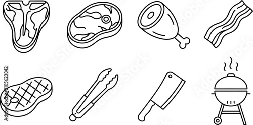Foto Meat and barbecue line icons set showing steak bacon ham tongs butcher knife gri