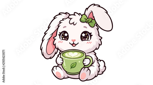 Cute kawaii white bunny rabbit holding a cup of hot green matcha latte art vector illustration