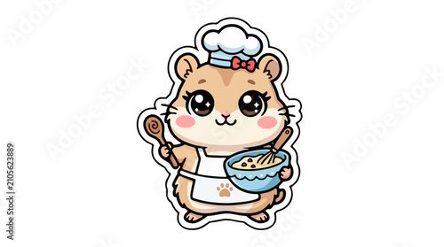 Cute cartoon hamster chef wearing apron and hat mixing batter in a bowl sticker vector illustration