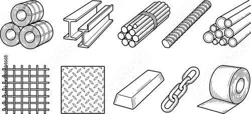 Tableau sur toile Metal and steel industry line icons set showing pipe rebar beam coil plate chain
