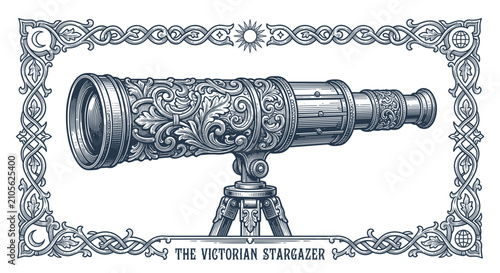 Slika na platnu Detailed antique telescope resting on a sturdy tripod framed by ornate victorian