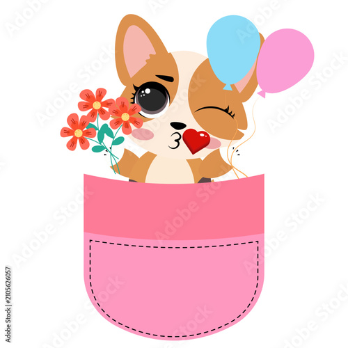 Cute corgi dog sitting inside a pink pocket illustration isolated on white background lovely puppy character print design for kids nursery t-shirts stickers and cards