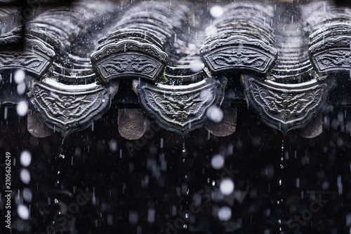 Принти на полотні Ornate Traditional Chinese Roof Eaves in Heavy Rain