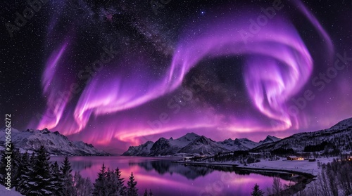 Foto Northern lights aurora borealis over snowy village at night