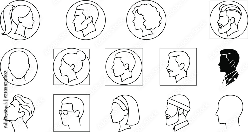 Fototapeta premium People profile head avatar man and woman face black outline icon set vector illustration
