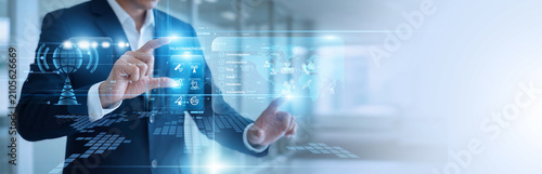 Fotografie Network engineer hands touch virtual screen configuring Telecommunication lines