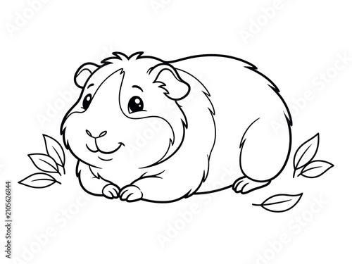 Fotografía Cute guinea pig illustration with leaves for coloring pages black and white silh