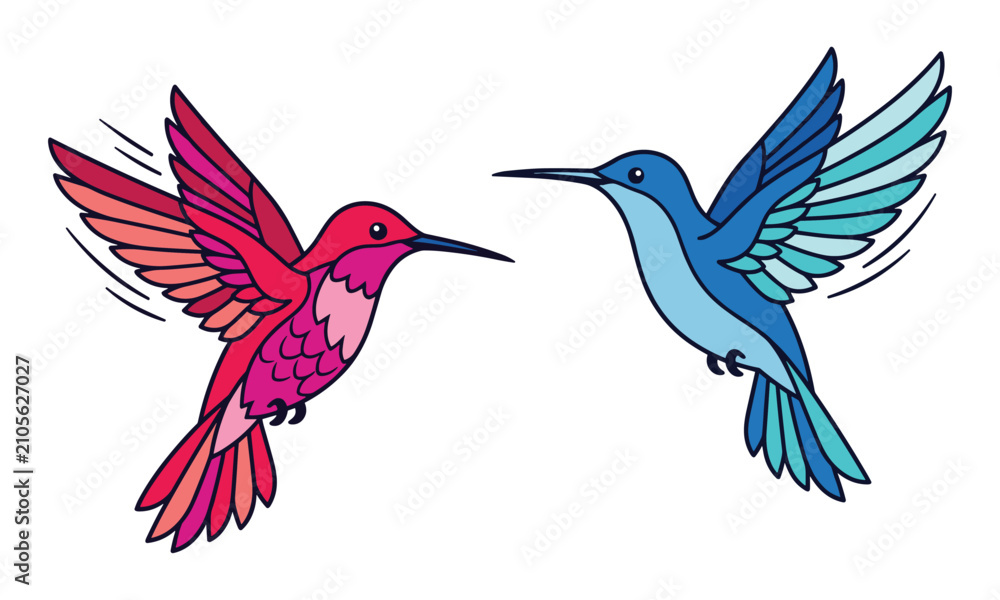 Obraz premium Colorful hummingbird illustrations facing each other in flight with vibrant wings and motion lines