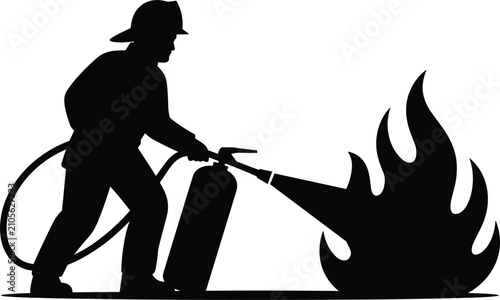 Firefighter Extinguishing Fire Silhouette Vector Illustration for Fire Safety, Emergency Response and Extinguisher Equipment Design Concepts