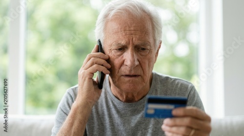 Close up of an elderly person holding a credit card during a suspicious scam call and pension fraud incident.