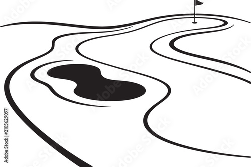 Minimalist golf course landscape silhouette with green flag and sand trap bunker.
