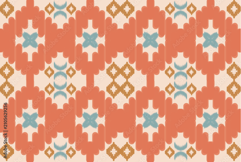 Fototapeta premium Seamless Tribal Geometric Pattern with Coral Wave Links, Mint Crosses and Mustard Diamonds on Cream Background