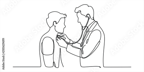 Photography Continuous single line drawing of a doctor using a stethoscope to examine a pati