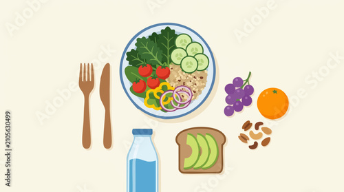 Obraz na plátně Flat lay illustration of a healthy balanced meal with fresh food