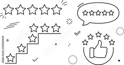 Customer product rating line icons set showing five stars feedback thumb up stair ranking