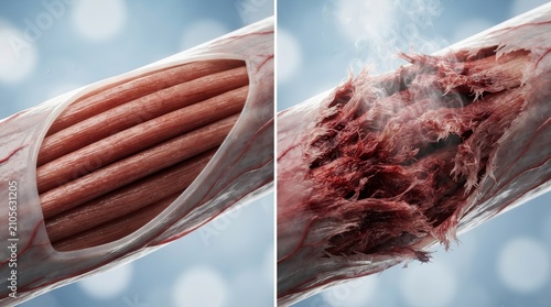 Comparison of relaxed muscle fibers versus muscle tension and tear showing healthy and damaged tissue.
