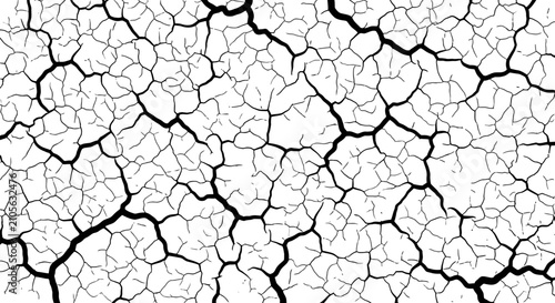 A detailed abstract pattern of black cracks on a stark white background, resembling a dry, fractured surface or shattered glass.
